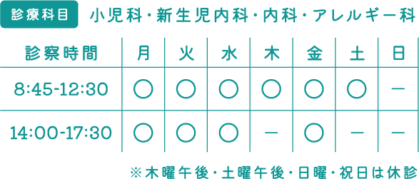 診療スケジュール:木曜午後、土曜午後、日曜、祝日は休診です。